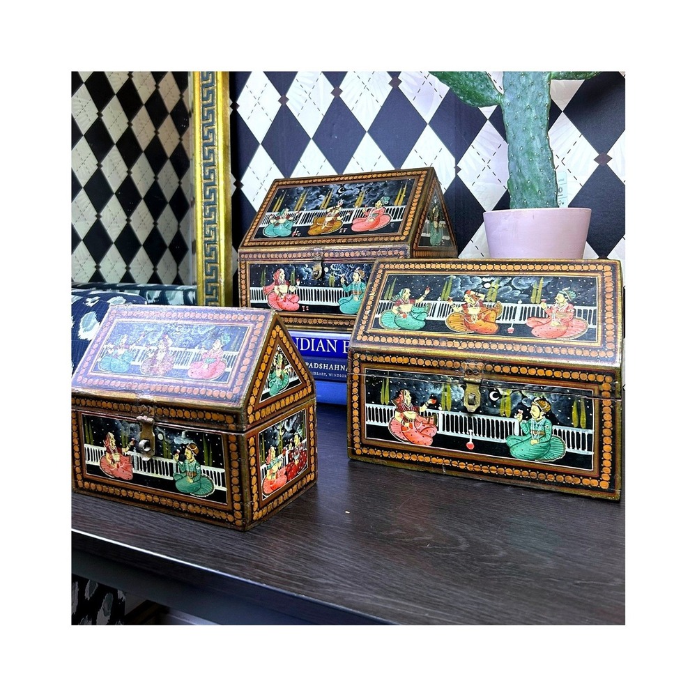Vintage Indian Hand Painted Nesting Wooden Box Set of 3 Folk Art Storage Chests